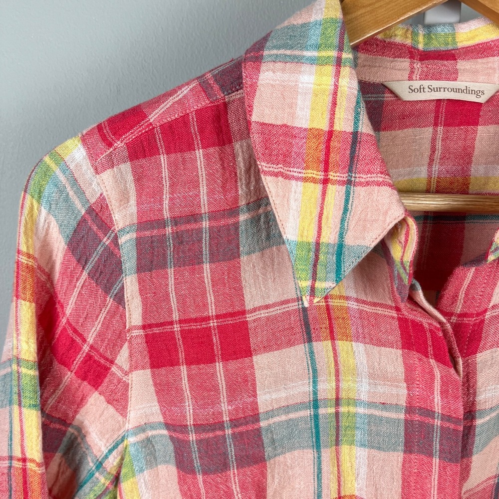 Soft Surroundings Shirt Top Womens Small Pink Plaid 100% Linen Roll Tab Sleeve‎